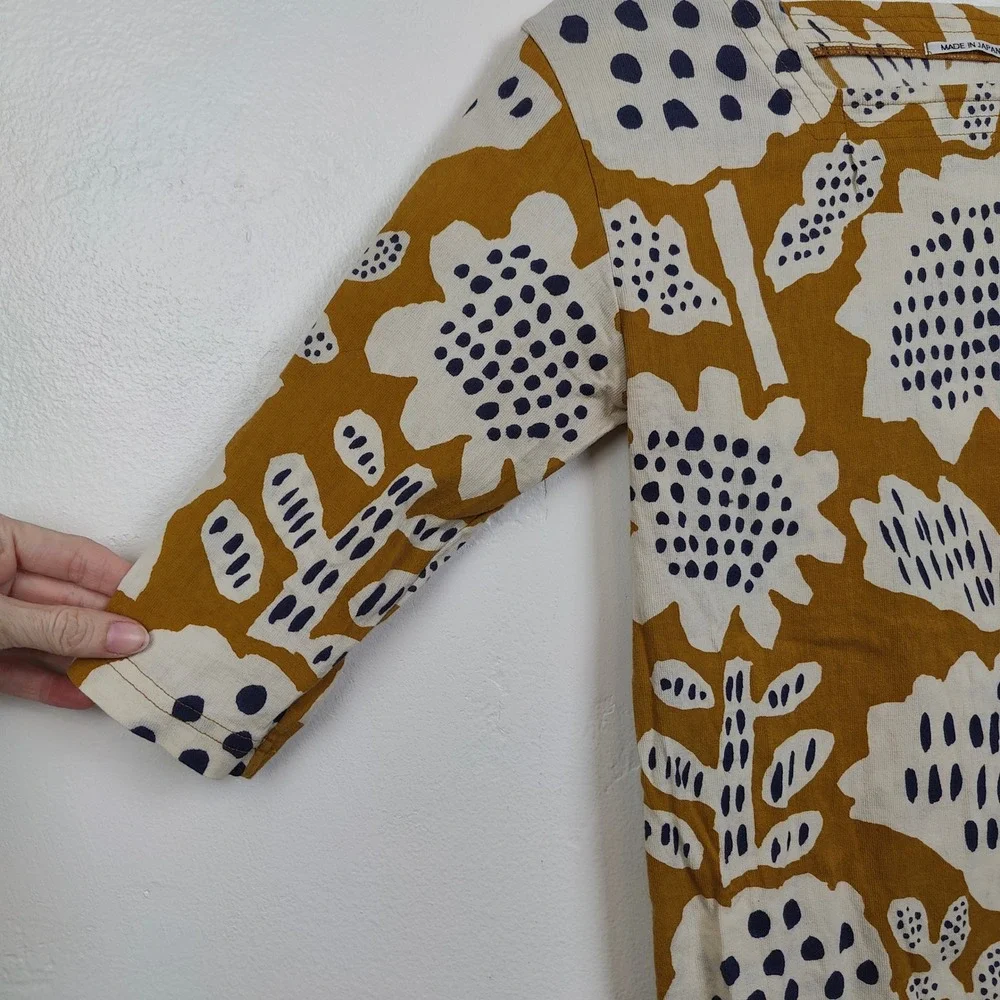 Sou Sou Womens Top Small‎ Mustard Yellow Floral Boat Neck 3/4 Sleeve Art to Wear